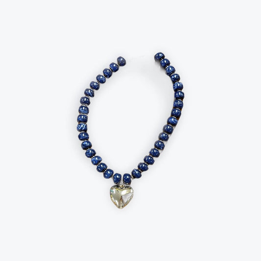 navy beaded necklace with heart