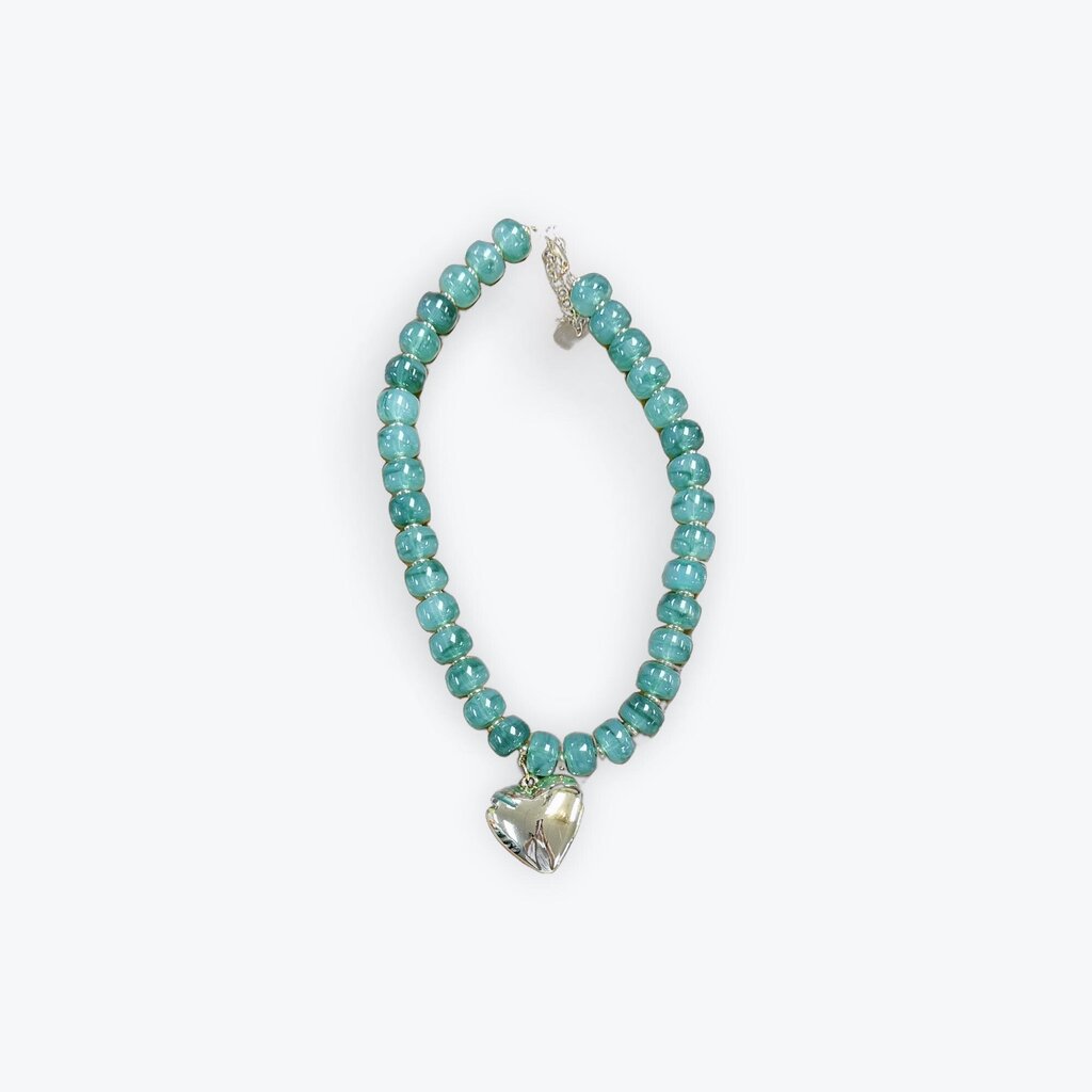 green beaded necklace with heart