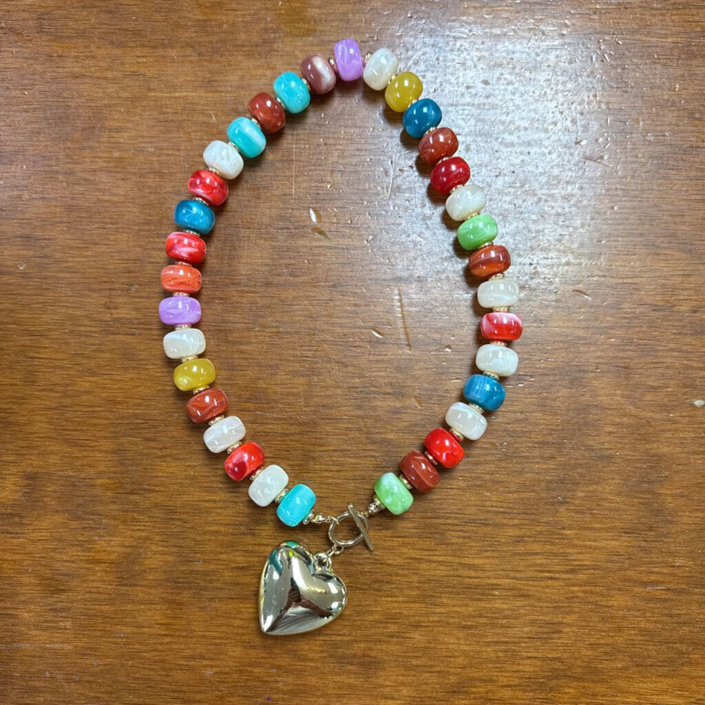 multi colored beaded necklace with heart