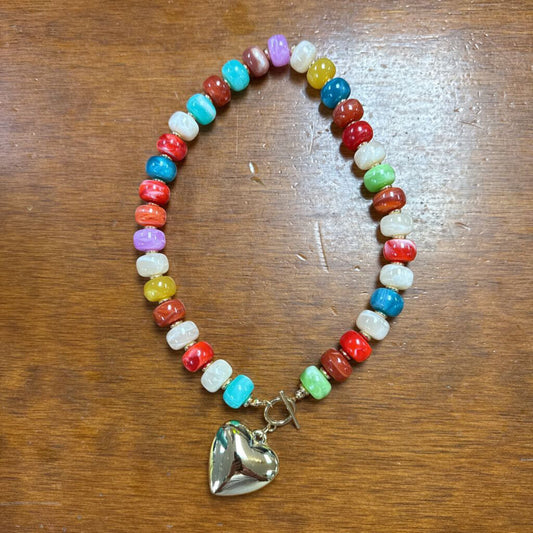 multi colored beaded necklace with heart