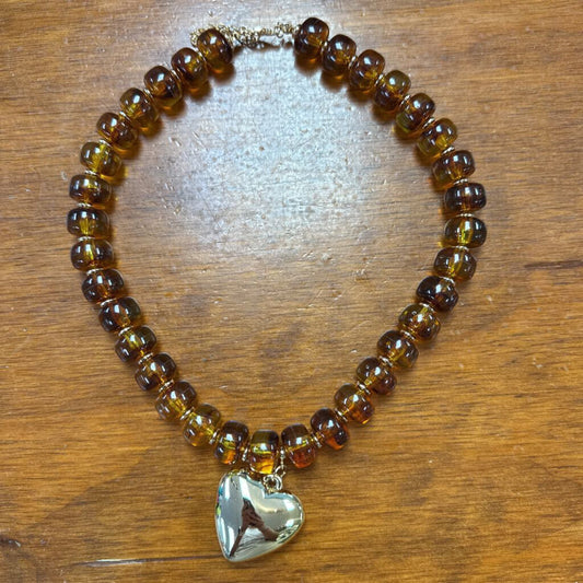 dark brown beaded necklace with heart